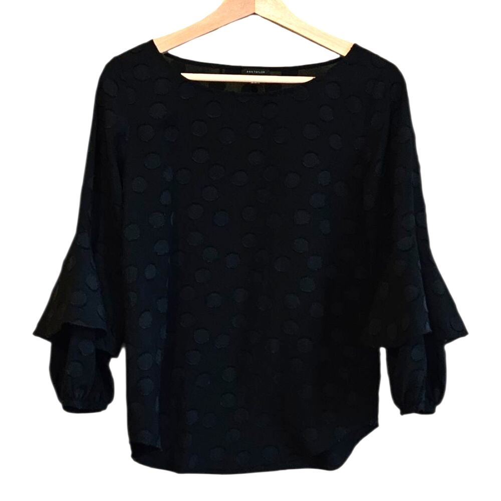 Ann Taylor Blouse Boatneck Sheer Cool Sleeves Circle Pattern Black Women XSmall